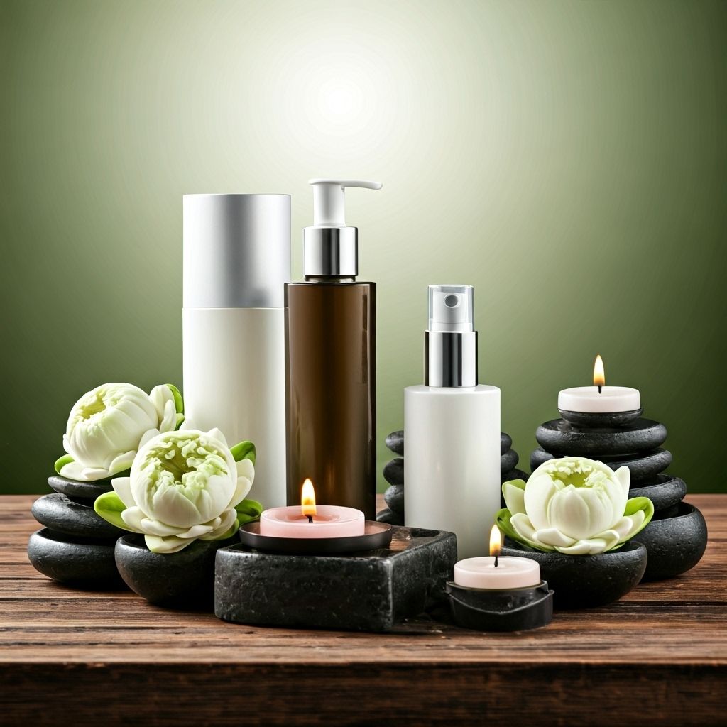 Zen spa setting with luxury cosmetics